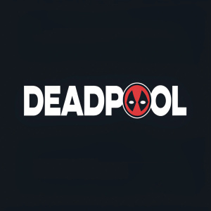 Minimalist logo design for Deadpool. White text on black background. Comic book style