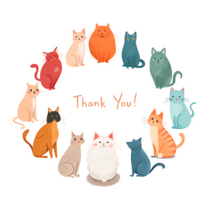 "Thank you" cats around, white background