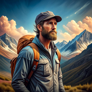a Georgian man in a full-bodied baseball cap, mountains, hiking