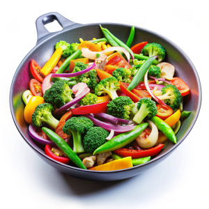 A vibrant assortment of colorful stir-fried vegetables in a wok on white background. 