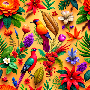 exotic orange craft paper with purple -red birds and yellow exotic flowers and wild flowers ,red  canna,flame altey,melon chamomileorange canna , ivy ,sisymbrium ,celosla, purplehyacinth ,saffron ,primrose ,rosemary , iris 