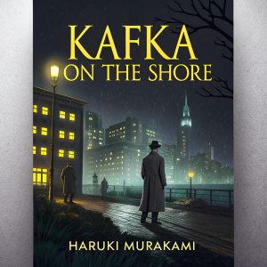 Book cover of 'Kafka on the Shore' by Haruki Murakami. Nighttime cityscape with mysterious elements. Neon yellow highlights against dark background.