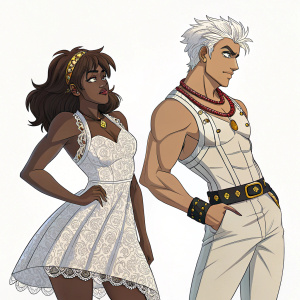 Digital art of characters from JoJo's Bizarre Adventure. Female with dark skin, brown hair, white lacy dress. Male with muscular build, spiky white hair, confident expression.
