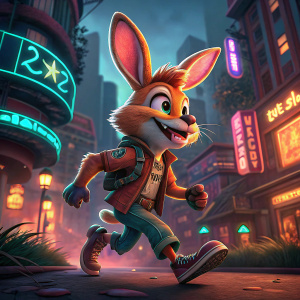 A cartoon character resembling a rabbit from the game *Crash Bandicoot: On the Run*. The character is lively and adventurous, set against a neon-lit cityscape.
