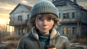 adolescente masculino de pelo largo y rizado de color marrón, con un gorro de lana y chaqueta con su teléfono celular. al fondo, una casa abandonada