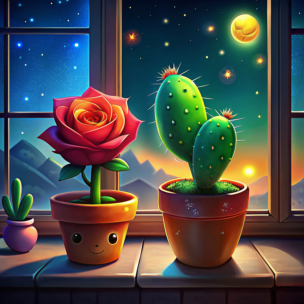 cartoon (1 rose in a vase) (cactus in a flower pot) standing next to each other on the windowsill, smiling, flower friends