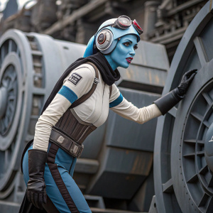 Blue Twi'lek character from Star Wars in a tech-futuristic outfit. Amidst industrial gray machinery, posing dynamically