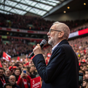 Jeremy Corbyn addressing a rally. Dark suit, beard, glasses. Crowded stadium, energetic atmosphere
