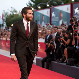 Jake Gyllenhaal, dressed in a black suit, white shirt, and burgundy tie, walking down the Venice Film Festival red carpet. Crowds of excited fans and photographers in the background.
