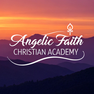 Logo for Angelic Faith Christian Academy featuring a stylized script font against a sunset gradient background.
