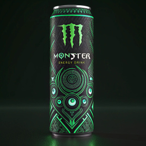 A futuristic packaging design for Monster Energy Drink. Featuring a blend of traditional Thai motifs and sci-fi elements. Dominated by green and black colors, the large neon green 'M' logo stands out prominently.