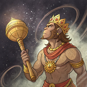 Digital illustration of Hanuman Ji, Hindu god. Cartoon style. Muscular physique, golden ornaments, holding a golden percussion instrument. Dark background with swirling galaxy patterns.