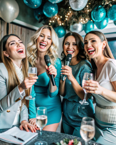 cheerful friends at a bachelorette party in a karaoke club