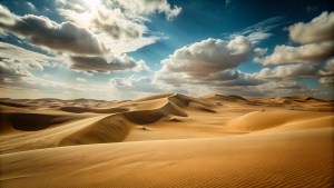 Draw a desert landscape with its silence and loneliness. Include images of high sand dunes and a daytime sky.