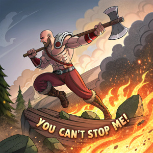 Illustration of a muscular, bald hero in mid-air, wielding a massive axe. Dynamic pose with comic book flair. Background is a fiery landscape. Tagline: 'You Can't Stop Me!'