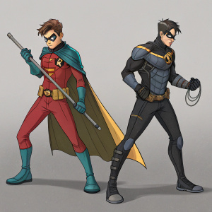 Concept art showcasing dual character designs of DC Comics' Robin, highlighting costume and hairstyle variations