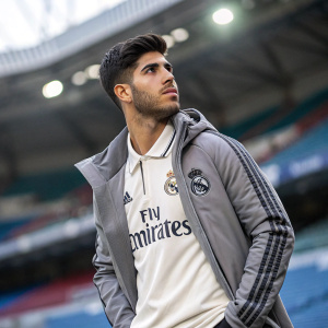 Marco Asensio, wearing a Real Madrid jersey and gray jacket, poses for a portrait. Blurry stadium backdrop.