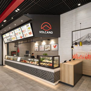 Contemporary Japanese-Vietnamese fusion restaurant, Volcano, with sleek logo, business cards, and menus. Digital menu system featured.