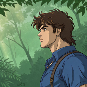 Jonathan Joestar from the JoJo's Bizarre Adventure series, in a digital art style. Wears blue shirt and brown hair. Against a green, forest background.