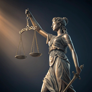 Statue of Themis, the Greek goddess of order and justice. One arm elevated, holding the scales of justice. Contrasting dark background