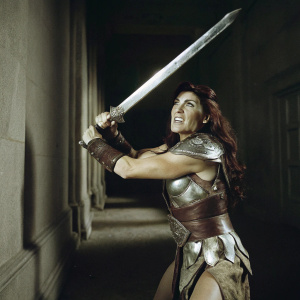 Red Sonja, clad in earthy-toned armor with leather and metal accents, wielding a gleaming sword. Dark, shadowy background, symbolizing her indomitable spirit and unwavering resolve.