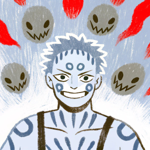 Digital illustration of Ryomen Sukuna from Jujutsu Kaisen. He has a youthful appearance with a smug expression. His skin is adorned with intricate designs. The background is filled with dark, fiery colors and demonic faces, creating a chaotic and otherworldly atmosphere.