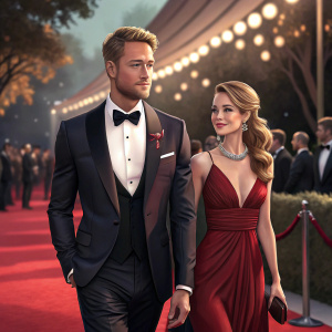 Justin Hartley and Isabella Justice Hartley on the Golden Globe red carpet. Wearing formal attire.