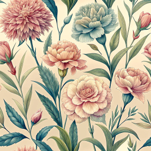 Seamless pattern background featuring a collection of vintage botanical illustrations with Carnation flowers and leaves in muted colors