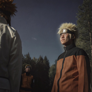 Naruto Uzumaki, ninja from Hidden Leaf Village, standing in bright sunlight. Peaceful forest background with friends surrounding him.