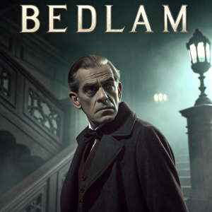 Promotional poster for the 1946 film 'Bedlam', featuring Boris Karloff in a dramatic scene. Dark, Gothic-inspired setting with classic movie design elements. Moody, atmospheric lighting creating a tense, eerie atmosphere.