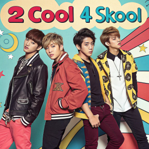 Promotional poster for the album '2 Cool 4 Skool'. Featuring several male idols from a K-pop group. Youthful and vibrant aesthetic.
