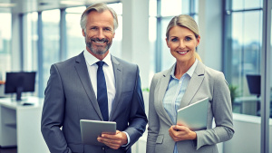 smiling two professional business people standing in office with with digital tablets