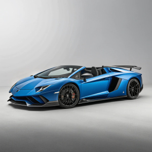 Blue Lamborghini Aventador SV Roadster. Sleek design, powerful engine. Gray backdrop, isolated.