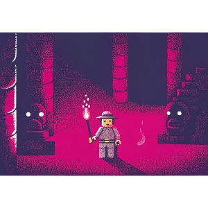 A LEGO set featuring Indiana Jones standing in a dimly lit, treasure-filled cave, surrounded by flickering torches and mysterious artifacts.