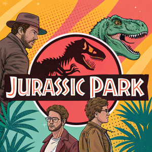 Pop art inspired promotional image for Jurassic Park. Vibrant color palette. Characters and large Jurassic Park logo prominently featured.