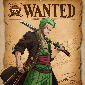 Illustration of Roronoa Zoro from One Piece. Wanted poster with 'WANTED' header. Green-haired pirate with bounty details. Traditional wanted poster design, set against a weathered, brown parchment background.