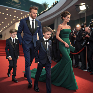 Beckham family arriving at the Cannes Film Festival. David Beckham in a navy blue suit, Victoria Beckham in a floor-length emerald green gown. Their sons, Brooklyn, Cruz, and Romeo, are in matching dark suits and ties. Red carpet, flashing cameras.