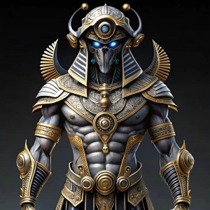 Highly detailed stylized, futuristic full-length body of an ancient Egyptian soldier. Sci-fi style. On the soldier's head is a stylized, futuristic, gold combat helmet in the ancient Egyptian style. On the soldier's face there are ancient Egyptian tattoos in the Celtic style. Realistic, ultra-red eyes with ancient Egyptian blue makeup. Battle armor made of silver with golden, stylistic hieroglyphs. On the feet are stylistic, silver combat boots.