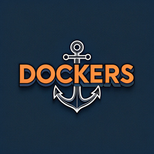 The updated Dockers logo featuring an anchor icon. Modern, sleek design with bold, sans-serif font in vibrant orange tones. Simple yet distinctive, reflecting nautical heritage.