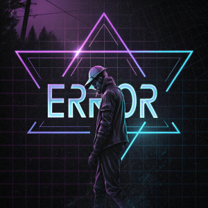 Dark cyberpunk aesthetic logo for ERROR. Glitch-inspired visual identity with angular font and grid pattern on black background.