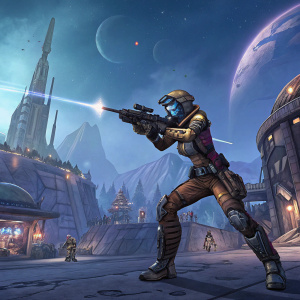 Highly stylized promotional art for Borderlands: The Pre-Sequel. Depicts Elpis, a character in a dynamic combat stance. Futuristic alien landscape with intricate architectural details and multiple combat elements.