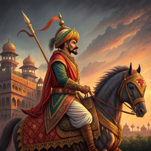 Illustration of Maharana Pratap. Horseback, traditional Rajput attire. Dusky sky, architectural details, vibrant colors
