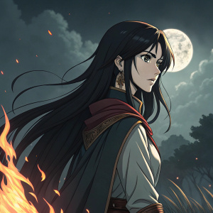 Illustration of Shanoa from Castlevania. Anime-inspired style. Long black hair, determined look. Dark, moody background with hints of moonlit sky. Flames around her have a fiery glow. Rich, varied colors.