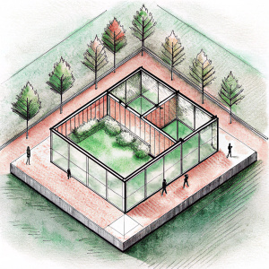 Generame un isometrico arquitectonico esquematico de una estrategia de varios modulos para un museo en la que toda la circulacion se vea rodeada por mucha vegetacion y personas y no hayan vehiculos 