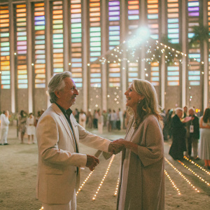 Ed Ruscha and Danna Knego at the LACMA's golden anniversary party. The venue is lit up with vibrant lights and surrounded by crowds of enthusiastic guests.