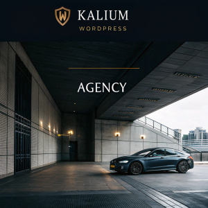A preview of the Kalium WordPress theme, showcasing its minimalist and high-performance design. Dominated by a dark palette, it features a striking logo in the header, a prominent agency section, and a sleek call-to-action button.