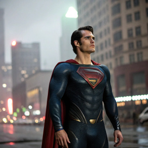 Henry Cavill in a gritty urban setting, sporting a Superman emblem on his chest. The cityscape is blurred in the background, emphasizing his heroic pose.