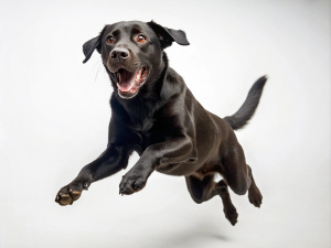 black Labrador crazy jumping happy isolated on white background