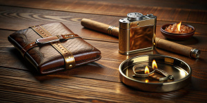 an expensive genuine leather wallet, a gold zippo lighter, a beautiful bracelet, and a smoking Havana cigar in an ashtray lie on a polished dark wood table close-up