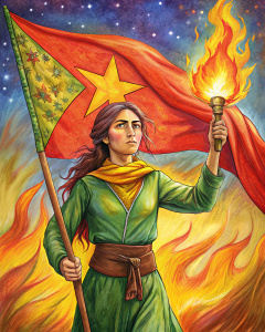 creame una imagen de una mujer levantando una bandera de rojava con una antorcha